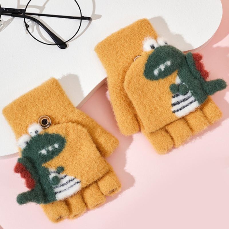 Convertible Gloves Winter Half Finger Mittens Stretchy Knit Half Finger Gloves with Soft Cover for Kids Teens Kawaii