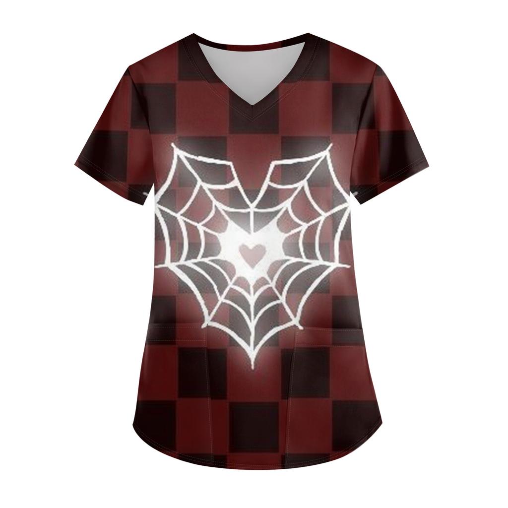 Ladies' Valentine's Day Printed Fashionable V-neck Pocket Short Sleeved Uniform And Caregiver Top