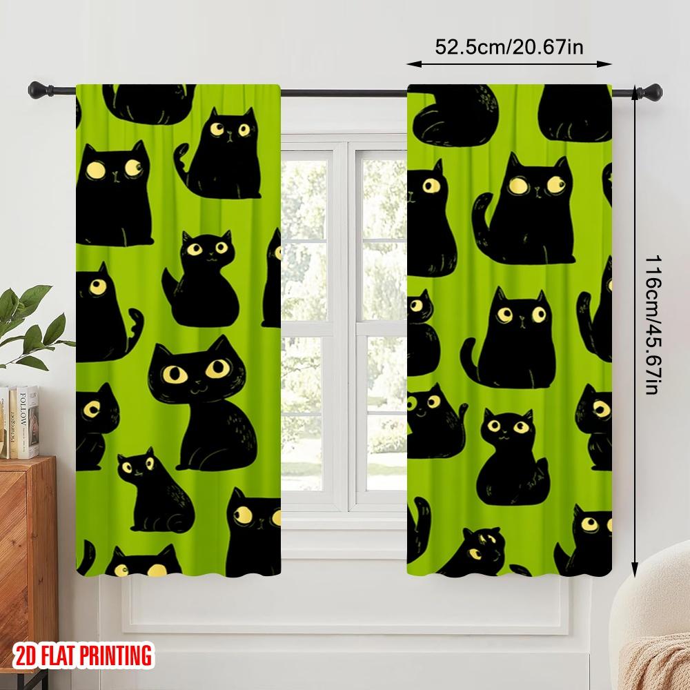 2pcs,2D Plane Printing Curtain Popular Black Cats On Green Durable 100% Polyester Fabric (without Rod) Decorations Inside for