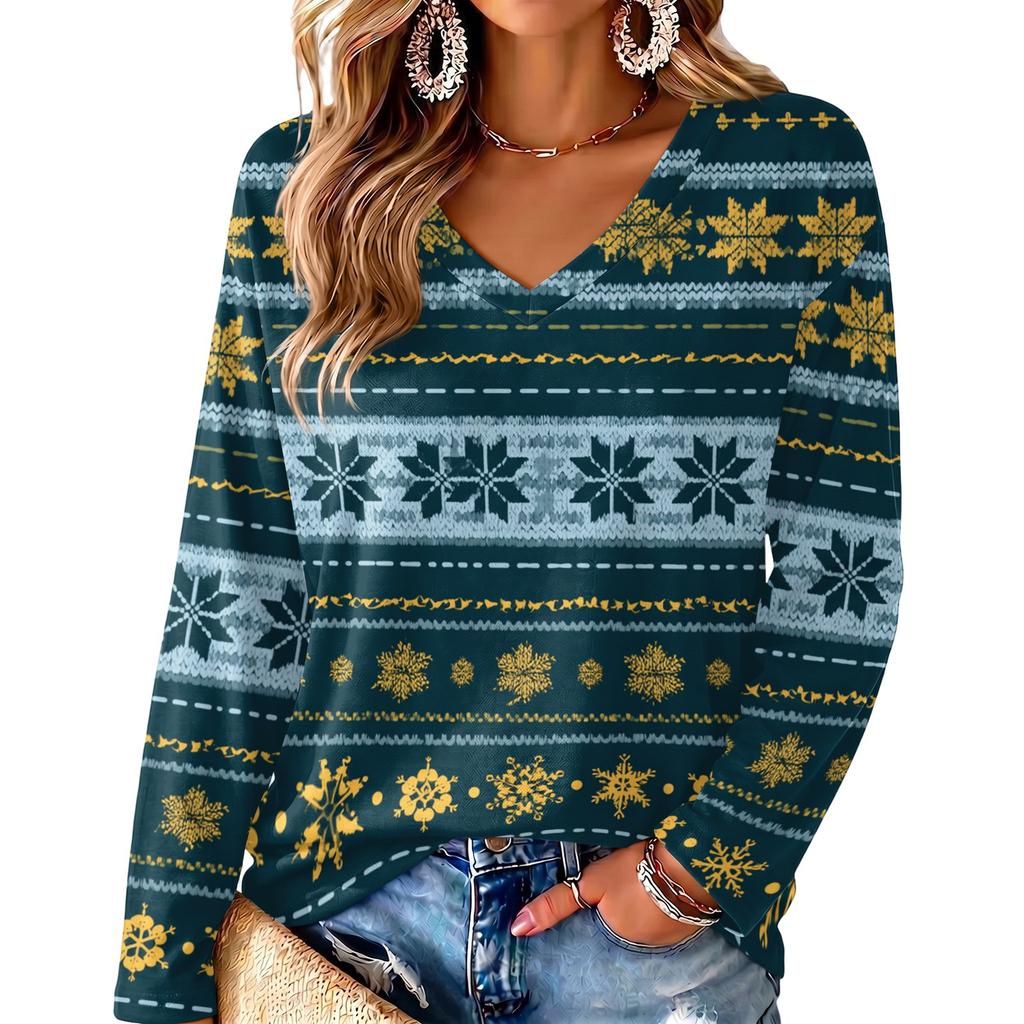 Women's V-Neck Long Sleeve Christmas Print Lightweight Blouse for Spring Summer
