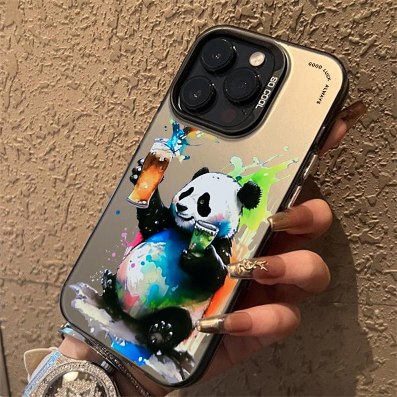 Cartoon Panda Cat Matte Hard Phone For 16 iPhone 11 12 13 14 15 Pro Max Plating Case Cover Funda