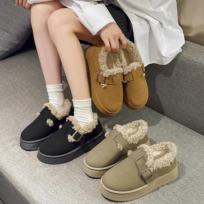 Fashion Korean Version of Thick Sole Woolen Shoes Women 2024 Winter New Wear Round Head Warm Plus Cashmere Fashion Casual Cotton Shoes