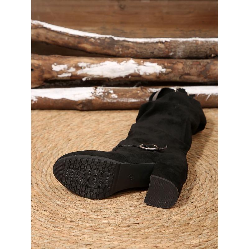 Double Buckle High-heeled Fashion Boots 2025 Winter New Suede Plus Size Thick Heel Round Toe Boots for Women