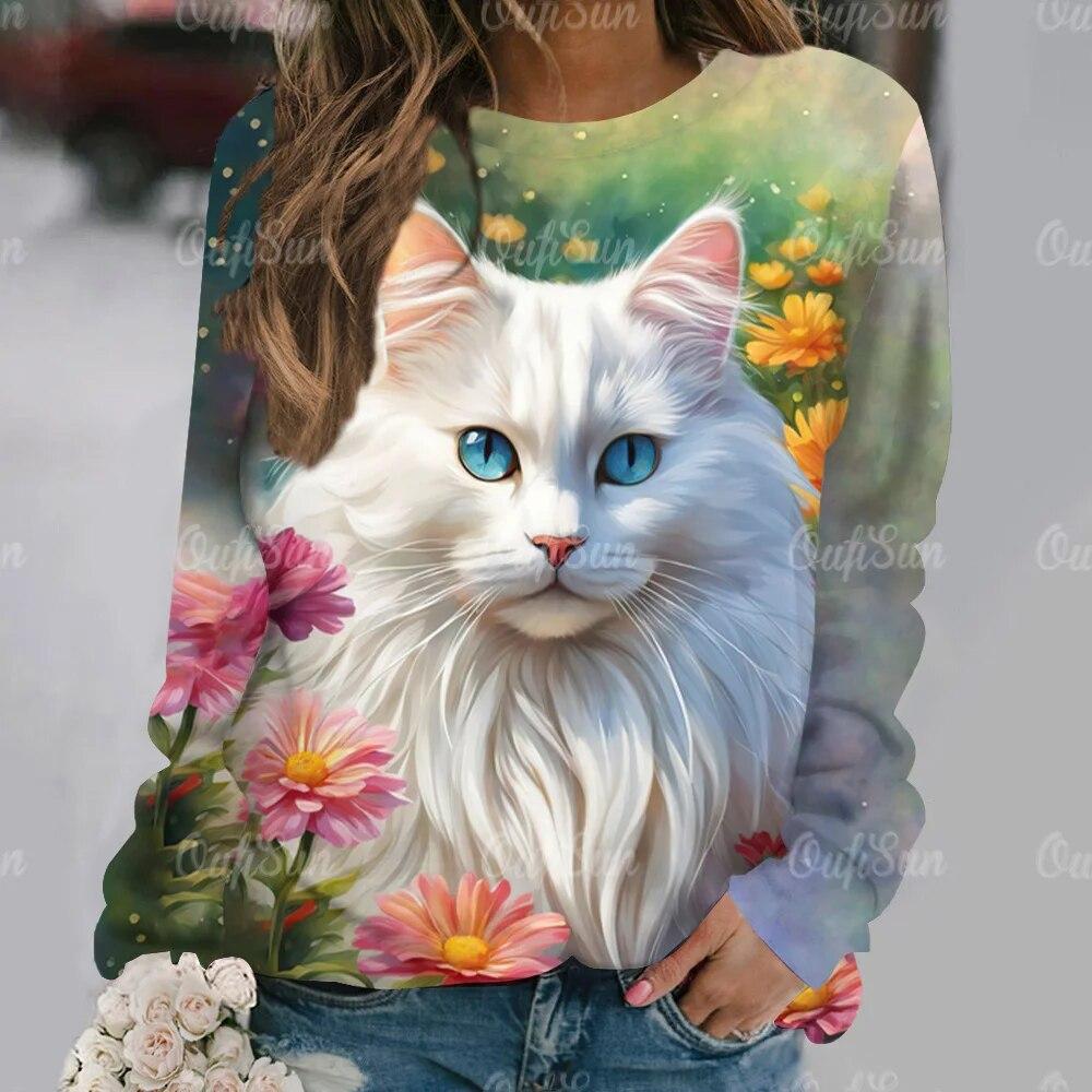

2024 женская футболка, повседневный топ с круглым вырезом, кавайный котенок, имитация хлопка, с длинными рукавами, женская одежда, уличная одежда, новый пуловер, футболка