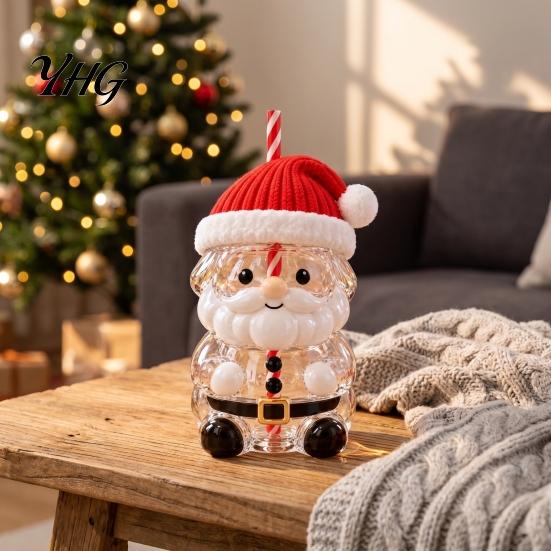 Glassware for Kitchen Christmas Santa Straw Cup, High Borosilicate Glass Tumbler, Durable Drinking Vessel Reusable Cup Cold Beverages And Festive