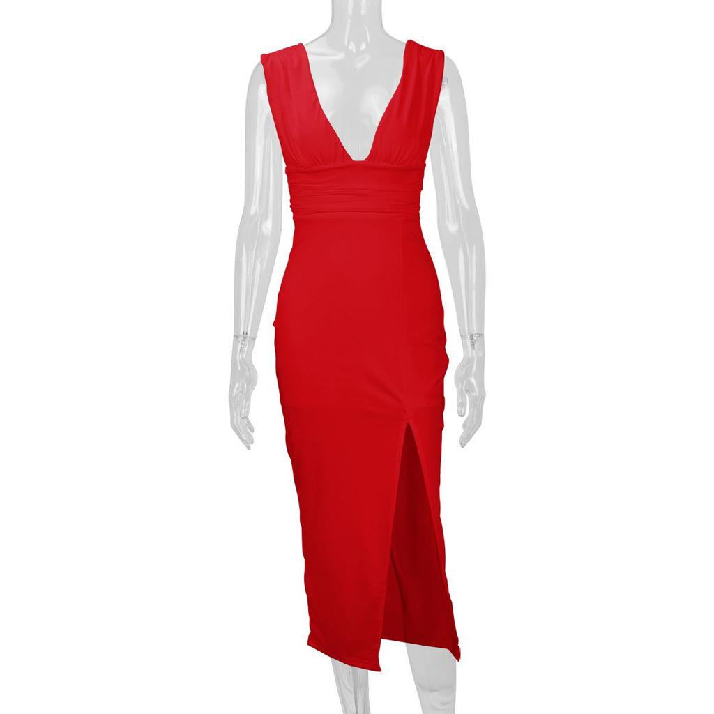 2025 Women's Summer Deep V-neck Backless Slit Dress: European & American Fashion
