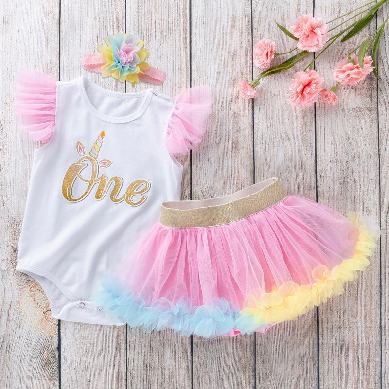 1st Birthday Outfit for Baby Girls: Sleeveless Romper, Skirt, and Bottoms Set
