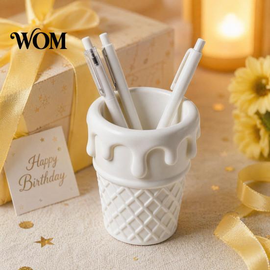 Decorative Desk Accessory 3D Printed Ice Cream Cone Pen Holder, Waffle Base And Drip Multifunctional Brush Holder Top Organizer, Multi-functional
