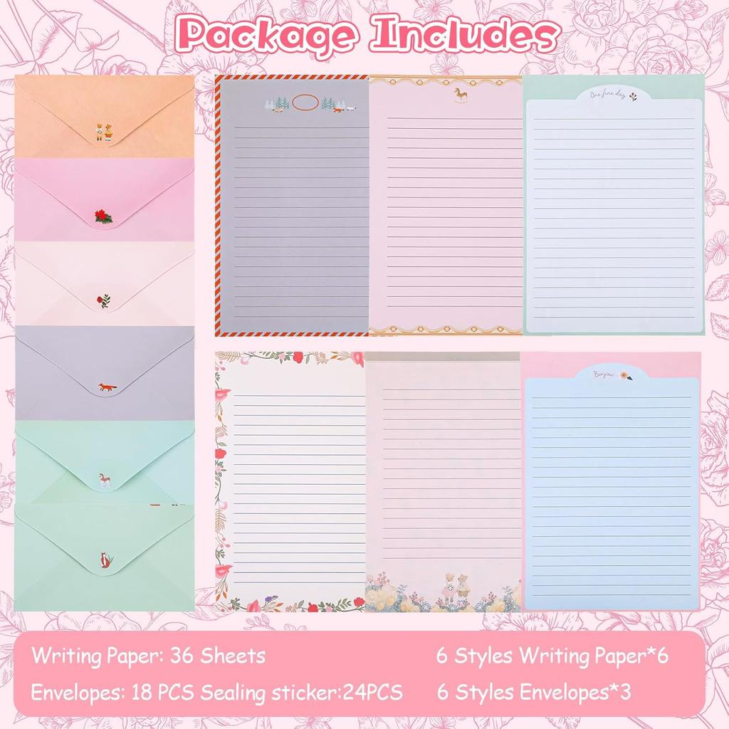 54Pcs Stationary Paper and Envelopes, Letter Writing Paper, Cute Writing Stationery Warm Floral Themed Stationary Kit, Lined Papers for Invitations