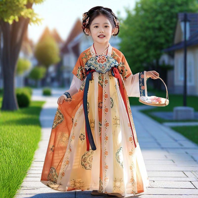 Robe Hanfu Fille Printemps/Été 2026: Robe de fée brodée style Dynastie Tang de Dunhuang pour enfants moyens/grands