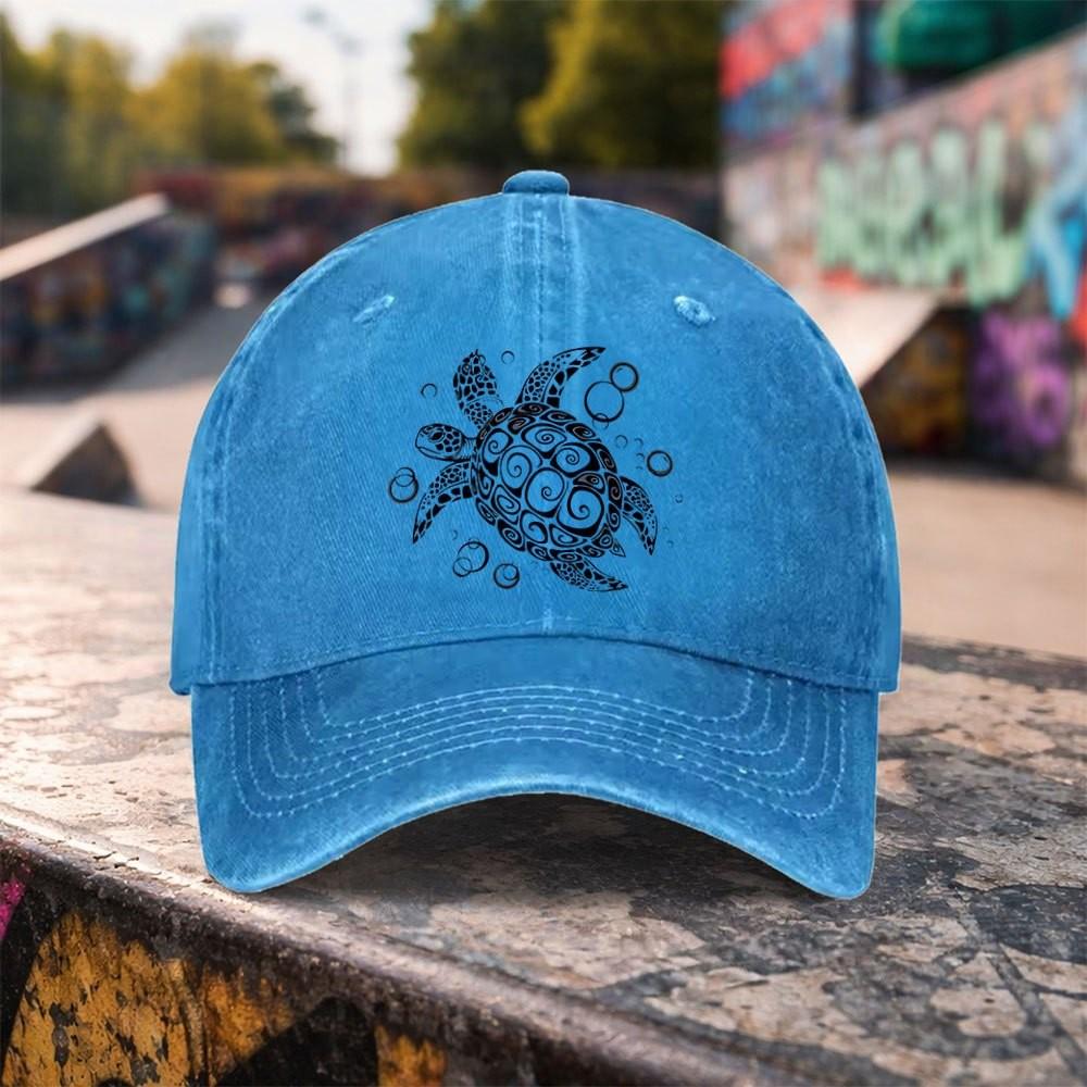 Tribal Turtle Print Washed Baseball Cap Adjustable Outdoor Accessory Unisex Cotton Duckbill Hat