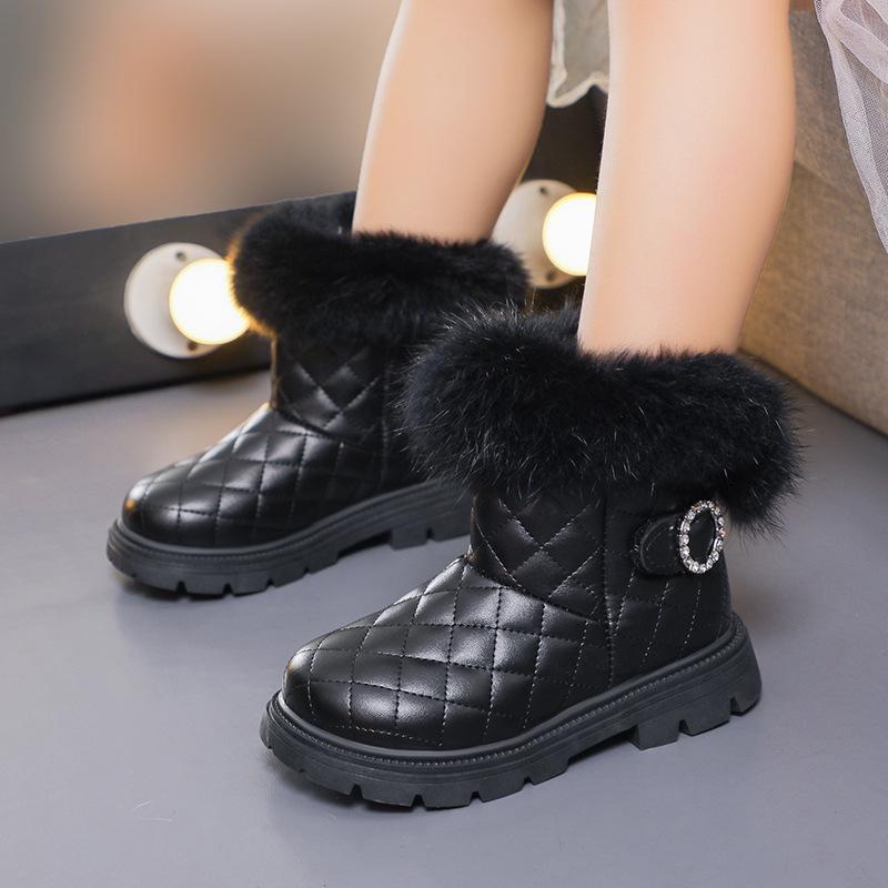 

Женская обувь для девочек Теплые плюшевые детские короткие ботинки Стразы Универсальные детские повседневные ботинки 26 чёрный