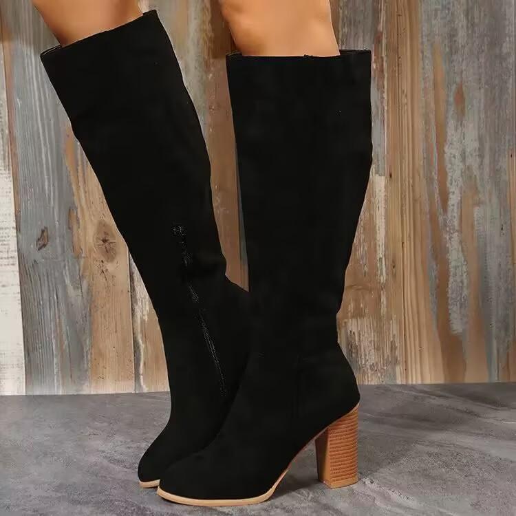 Large Size Coarse Heel Suede Tall Knight Boots Women's But Knee Round Heel High Heel Pointed Boots
