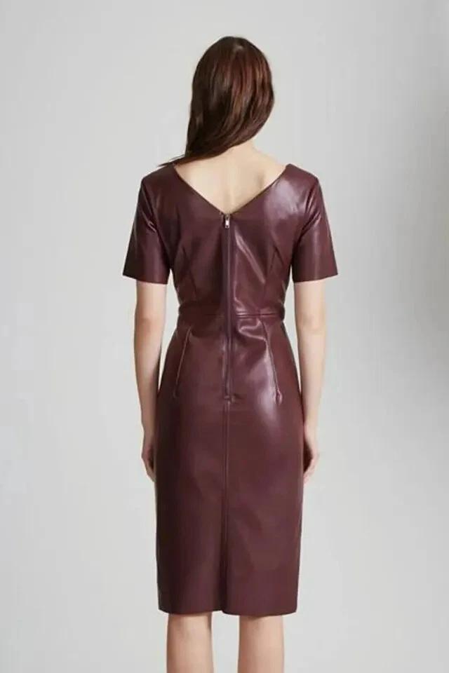 Nové ležérní párty módní vínové dámské šaty z pravé měkké jehněčí kůže