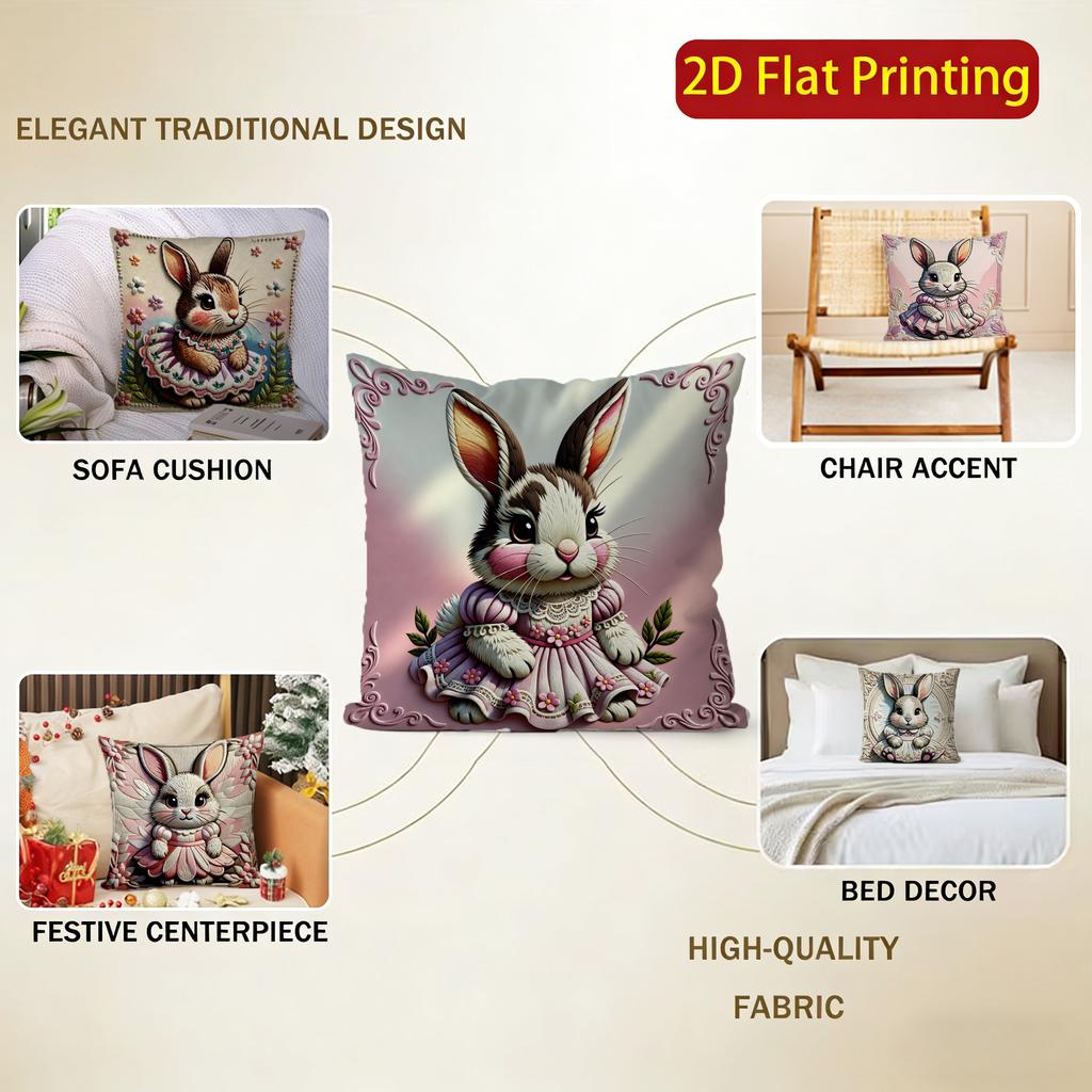 2D Cute Dressed Rabbits Pattern Pillow Covers Pattern Cushion Cover Suitable For Sofa Bedroom Car Pillow Cover