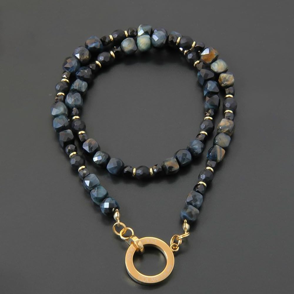 [Kolan Kolan] FORCE 5 Polyhedral Cube Necklace with Dark Blue Tiger Eye Negative Ion Relaxing Stone (Small, approx. 40cm)