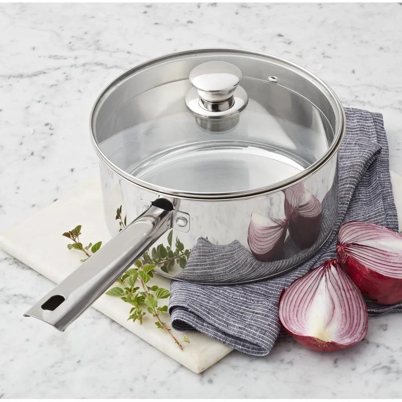 3 Quart Induction Compatible Stainless Steel Saucepan with Straining Lid Durable Tri Ply Base Easy Pour and Strain Cooking