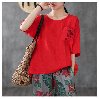 Lockeres T-Shirt mit böhmischer Blumenstickerei für Damen, kurzärmliges Freizeitoberteil aus Baumwolle und Leinen