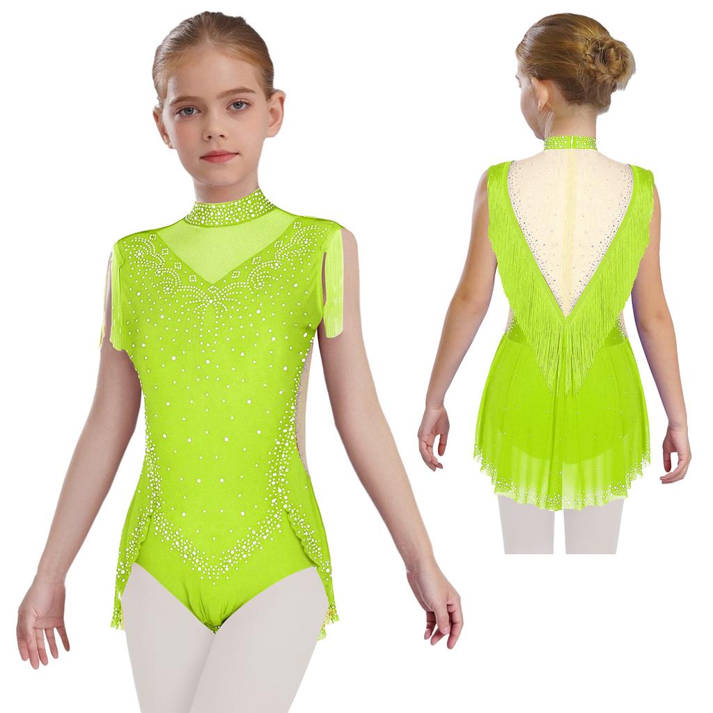Body da Ballo per Bambini - Body Senza Maniche con Collo Alto e Strass con Rete Velata e Gonna con Nappe per la Danza