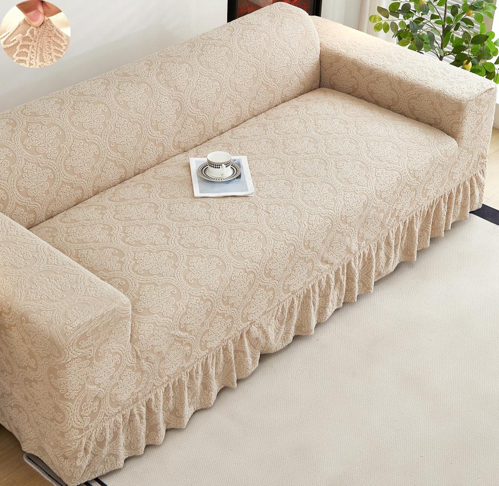 Non-slip Stretch Couch Cover 1/2/3/4 Seater Jacquard Solid Color Sofa Cover With Skirt for Bedroom Office Living Room Home Decor