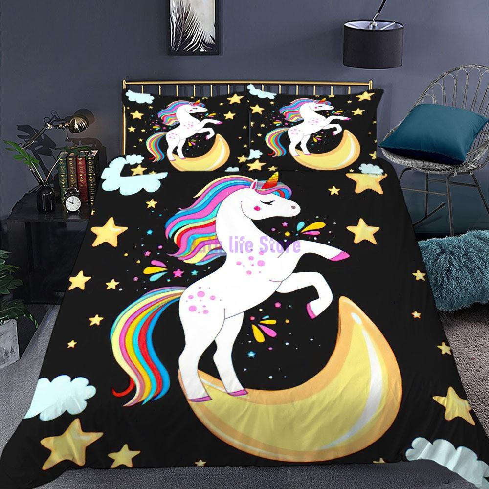 Cartoon Unicorn Lucky Kids Girls Pink Bedding Set Cartoon Duvet Cover Bedcllothes Animal Printed Queen King Size Bed Linens