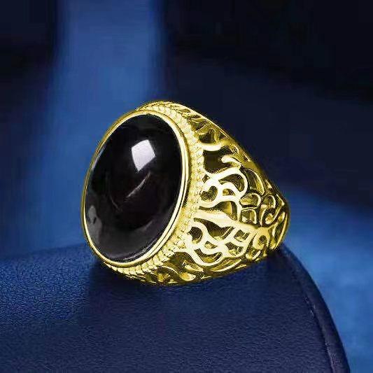 Ethnic Hollow Imitation Green Agate Men Adjustable Ring