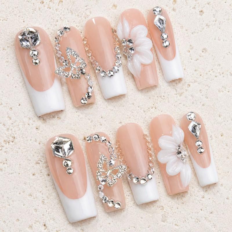 10pcs Handmade Press-On Nails French Style 3D Floral Butterfly Rhinestone Nail Tips Women Short Wearable Manicure