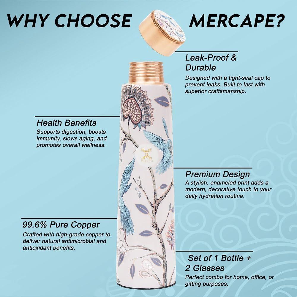 Reine Kupferwasserflasche 900 ml mit Glas-Set Beste Tamba im gedruckten Design (900 ml 2x 300 ml)