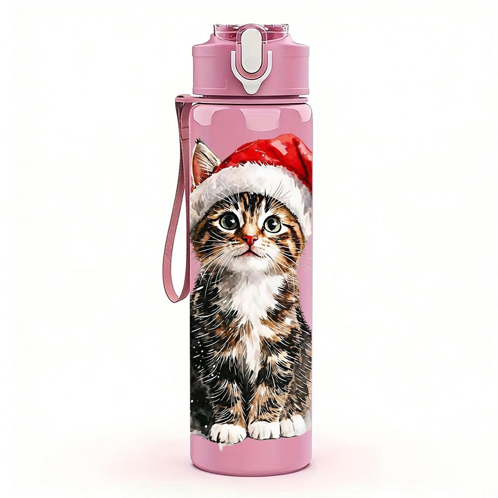 1PC Cat Wear Santa Hat 750ml Color Plastic Sports Water Bottle Leakproof Flip Straw Lid Suitable for Sports Office Home Use