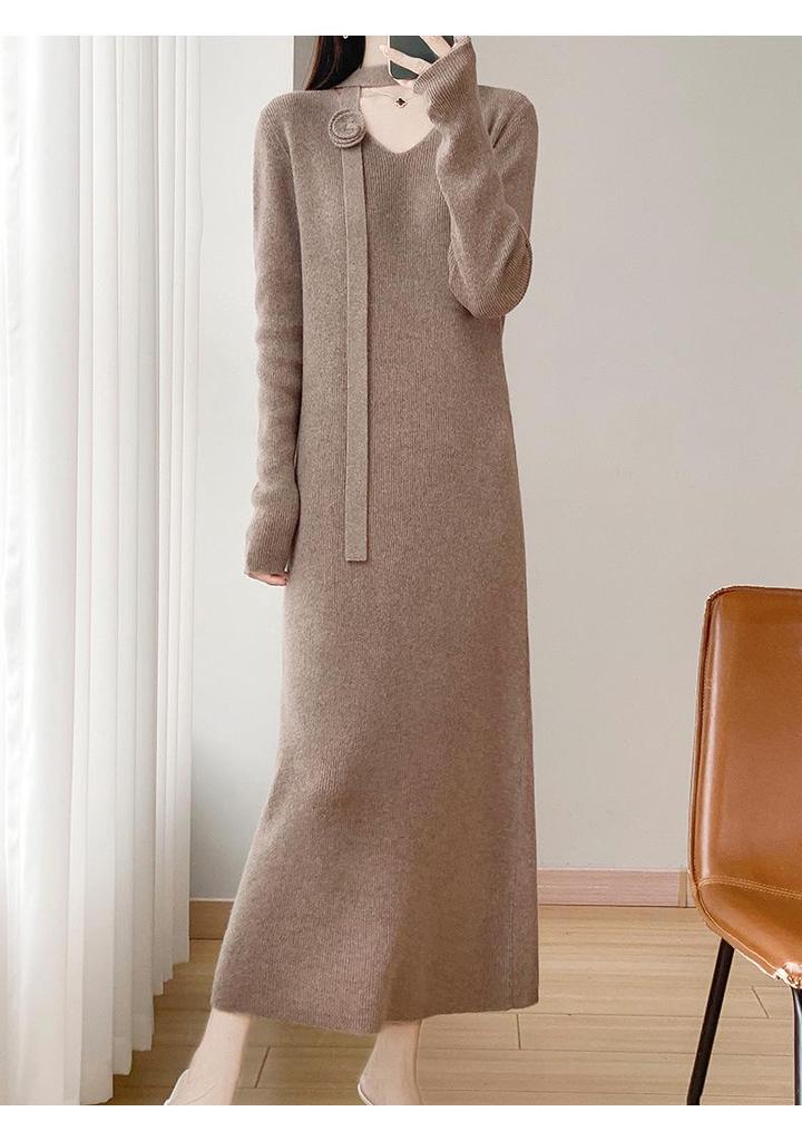 2025 A/W Women's Over-the-Knee Knit Dress with Long Sleeve Coat Layer