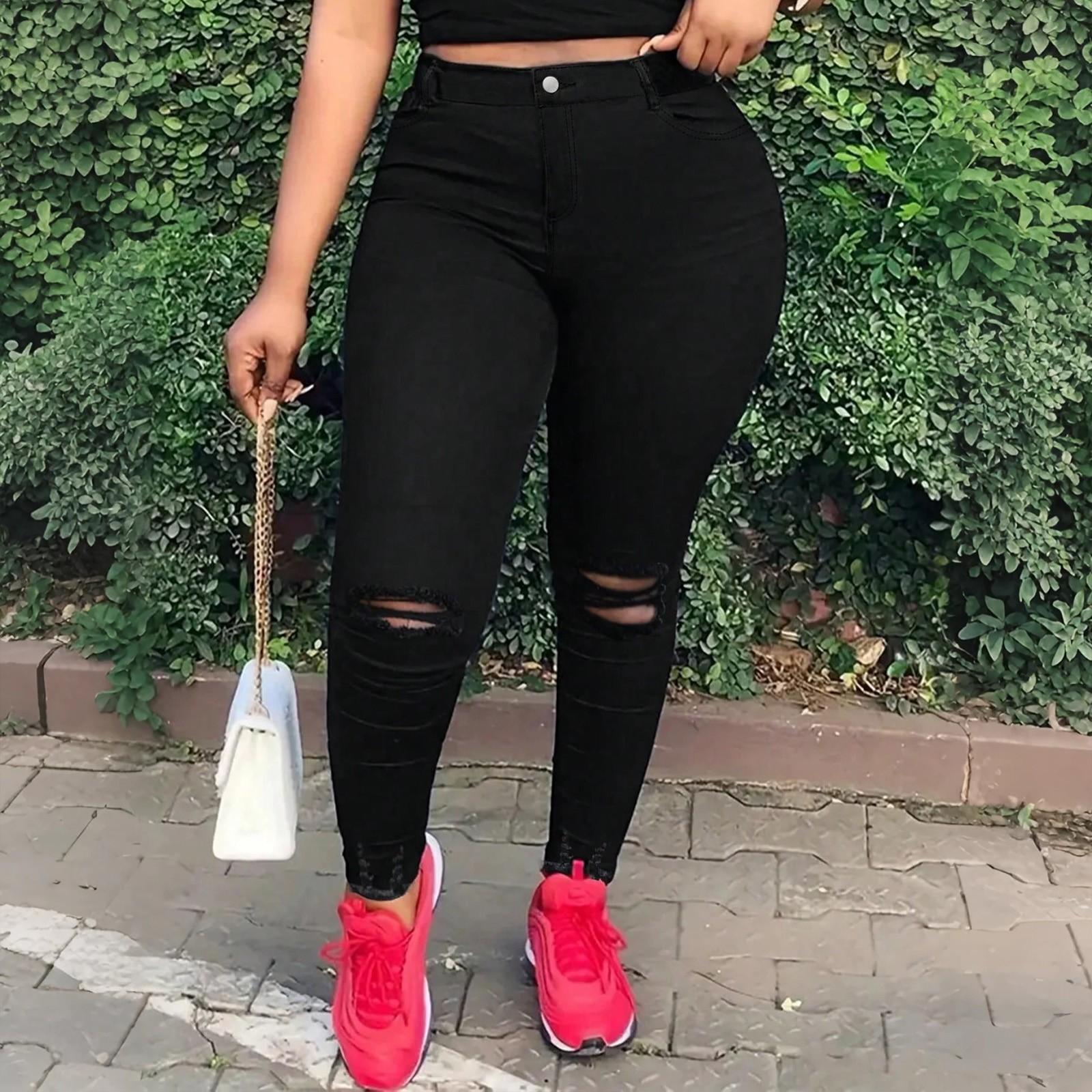 

Женские свободные и повседневные трендовые рваные джинсы кэжуал-фасона в обтяжку XXXXL чёрный