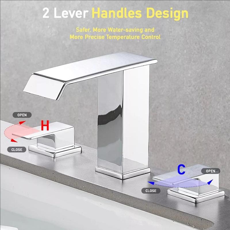 Bathroom 3 Holes Waterfall Basin Faucet, 2 Handles Cold Hot Water Mixers Sink Tap Black/Chrome