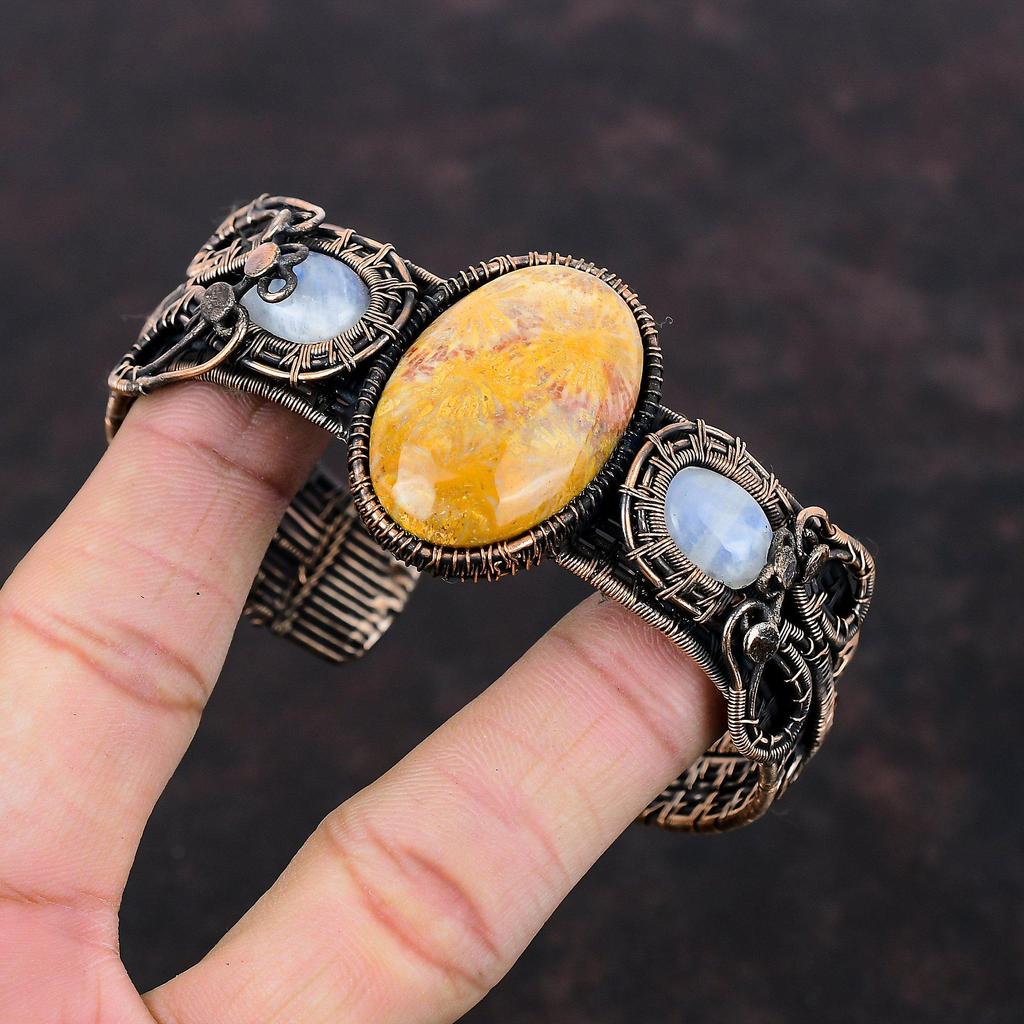 Fossil Coral Gemstone Bangle Copper Wire Wrapped Cuff Bracelet Handmade Adjustable Bangle Copper Jewelry For Gift Rainbow Moonstone Bangle