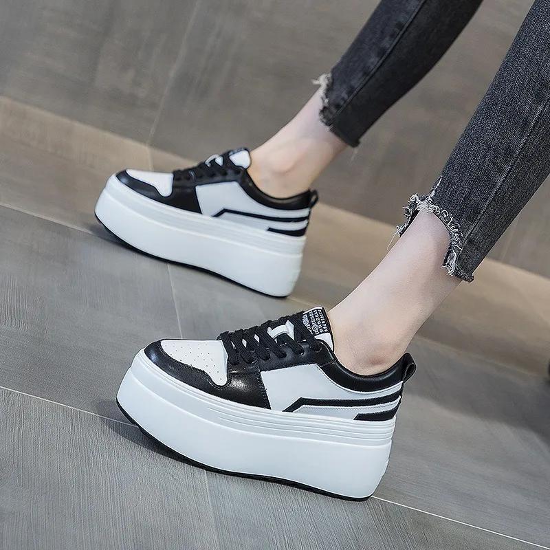 Fashion 8cm Cow Genuine Leather Autumn Spring Platform Wedge High Fashion Breathable Sneakers Chunky Casual Women Moccasins Shoes