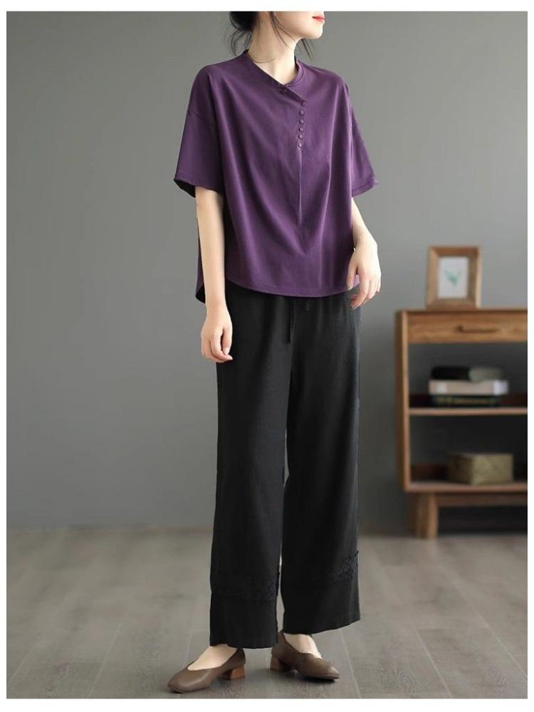 2025 Eleganckie Krótkie Bawełniane Spodnie Proste Damskie Retro Duży Rozmiar Luźne Spodnie z Panelami z Koronki Wiosna Lato Casual Szerokie Nogawki