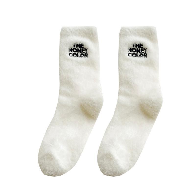 Women's Mid-calf Socks for Autumn and Winter, Thickened Mink Fleece Letter, Fluffy Sleeping Floor Socks, Winter Warm Long Calf Socks