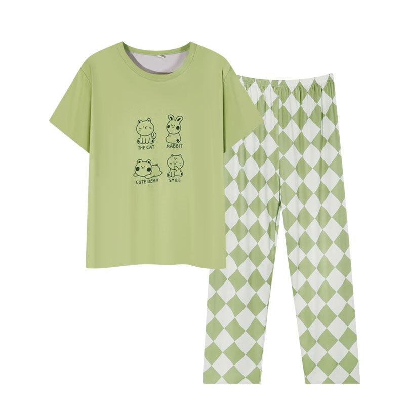 Summer short-sleeved fresh plaid pants simple casual pajamas women's breathable loose loungewear set