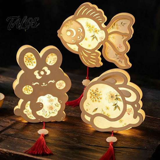 Handmade Paper Lantern Craft DIY Chinese Ancient Style Kit, Light Up Handheld with LED String & Quaint Wooden Frame Tassel, Rabbit Butterfly Lotus Fan