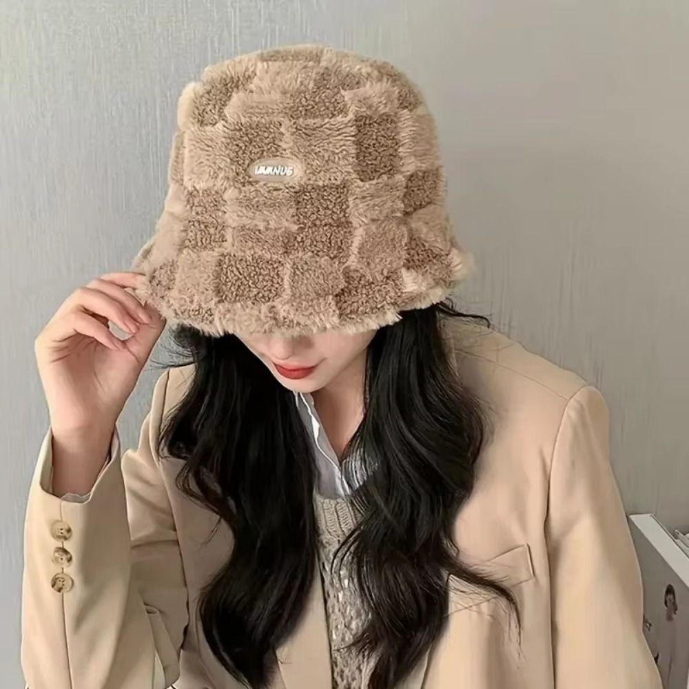 Plaid Checkered Winter Fisherman Hat Faux Fur Checkered Basin Hat Plush Basin Cap  Autumn Winter