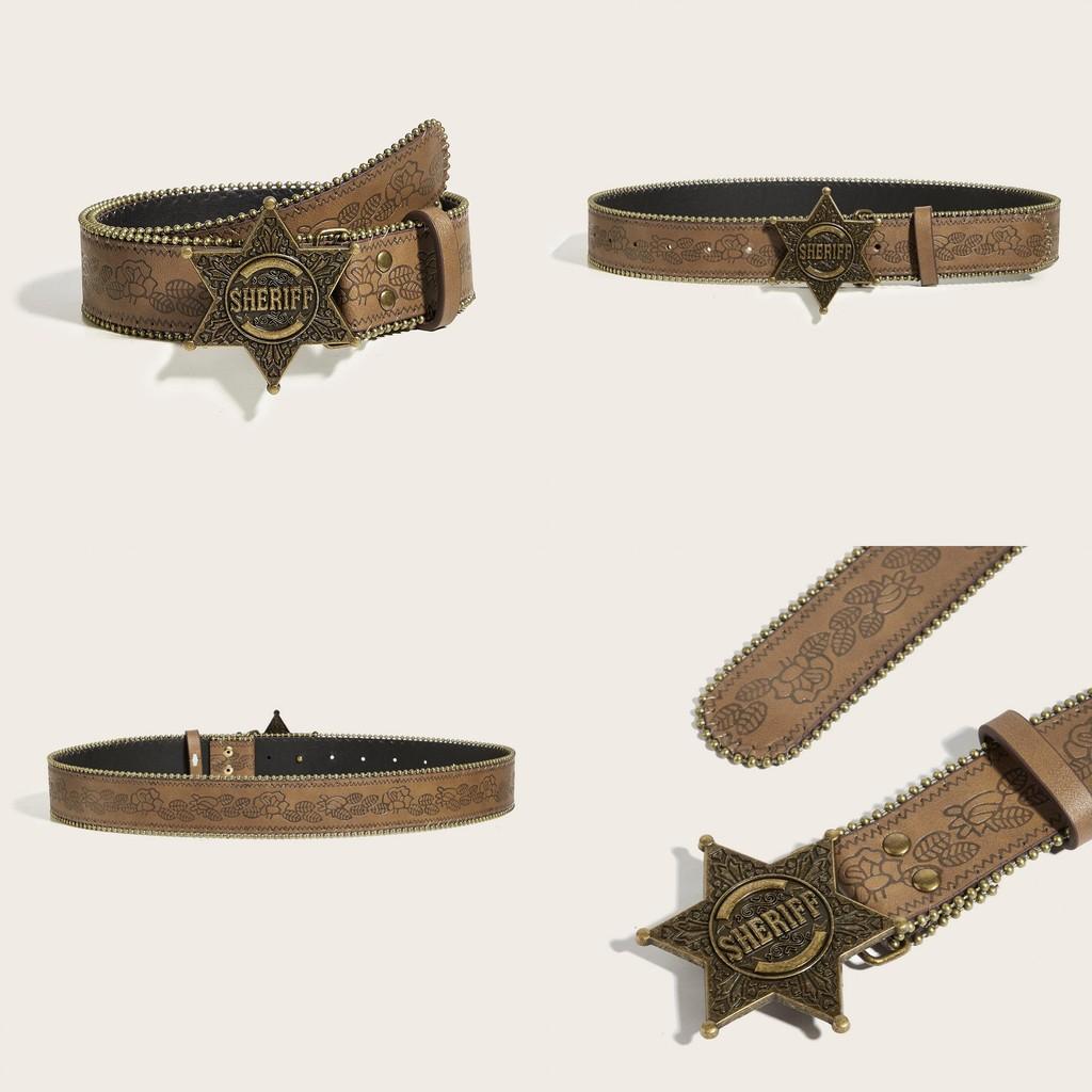 Sheriff Youth Letter Casual Leather Belt Metal Snap Buckle Rivets Daily Wear
