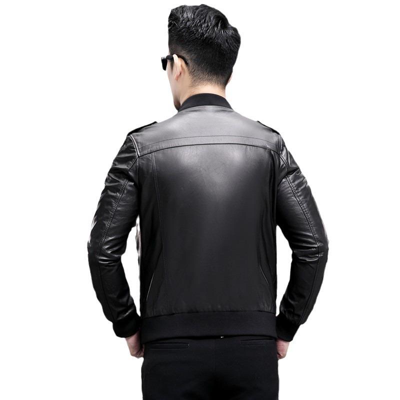 Spring and Autumn New Leather Jacket Men's Stand Collar Short Baseball Collar Motorcycle Leather Jacket Haining Hunting Thin Slim Jacket