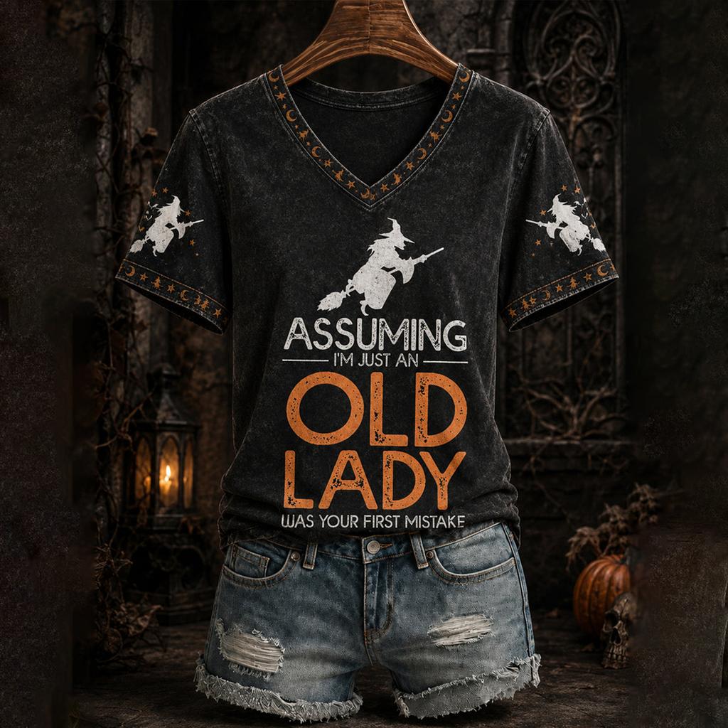 Women's Casual V-Neck Short Sleeve T-Shirt with Halloween Print and Shoulder