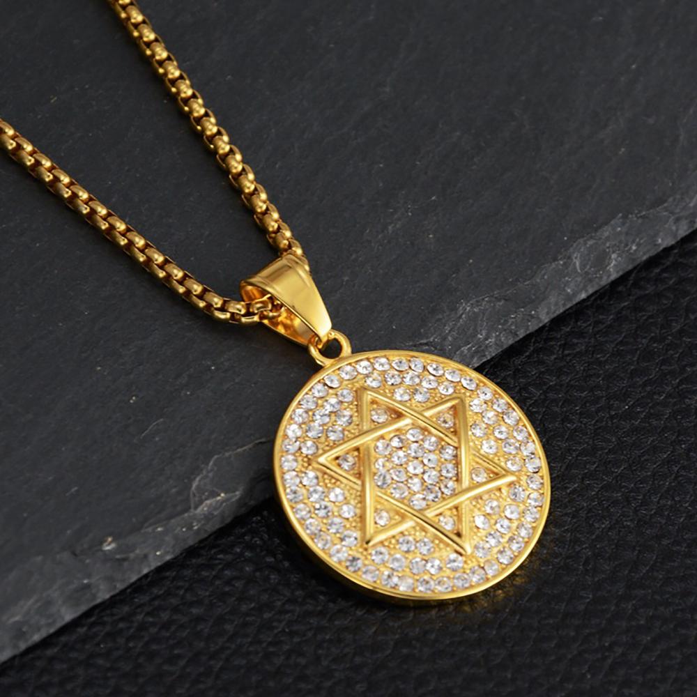 Hip Hop Iced Out Star of David Pendant Gold Color Stainless Steel Hexagram Necklaces For Men Women Jewish Jewelry Birthday Gift