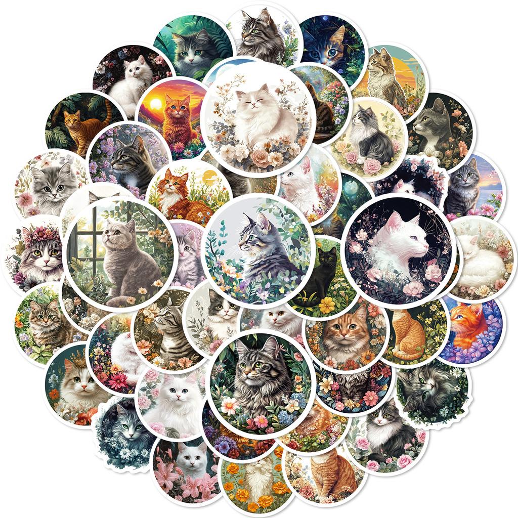 50 Round Retro Style Watercolor Cat Graffiti Stickers Floral Theme Non-Repeating Stickers
