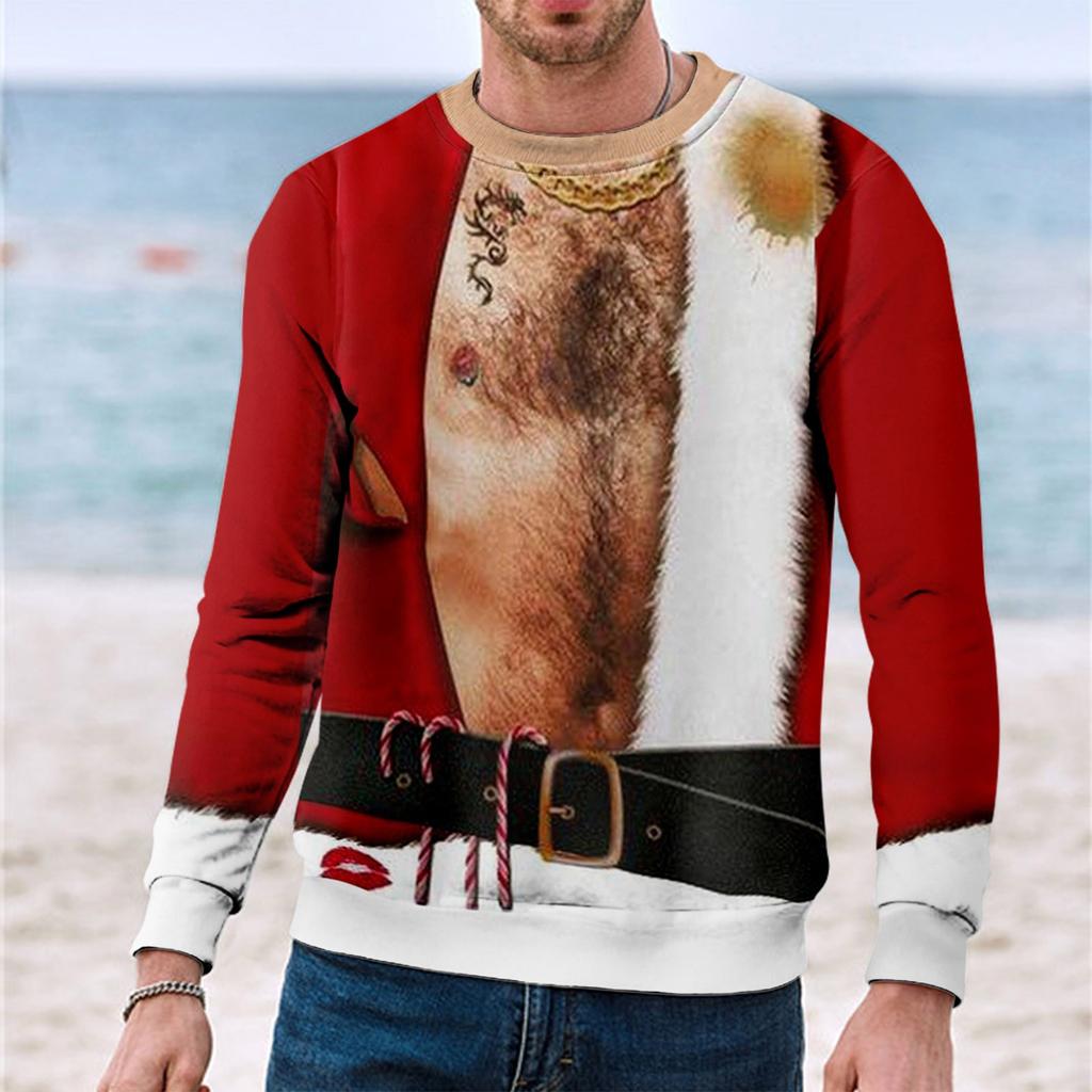 Christmas Chest 3D Print Long Sleeve Sweater Creative Couple  Winter Round Neck Party Coat