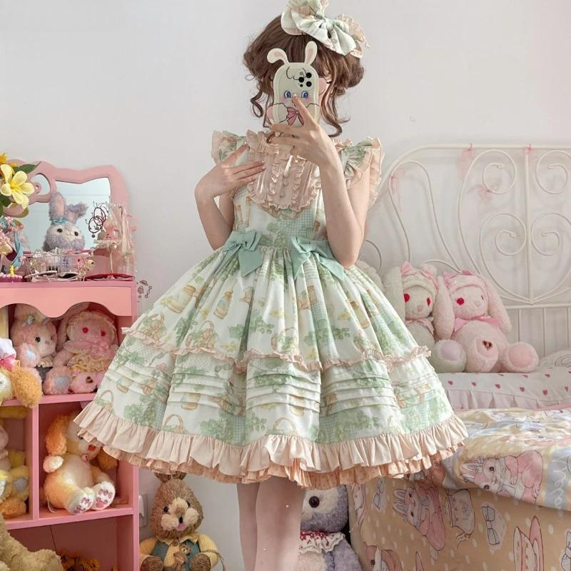 Japanese Kawaii Lolita Jsk Dress Women Victorian Retro Ruffle Grape Print Bandage Bow Trailing Princess Dresses Party Mini Dress