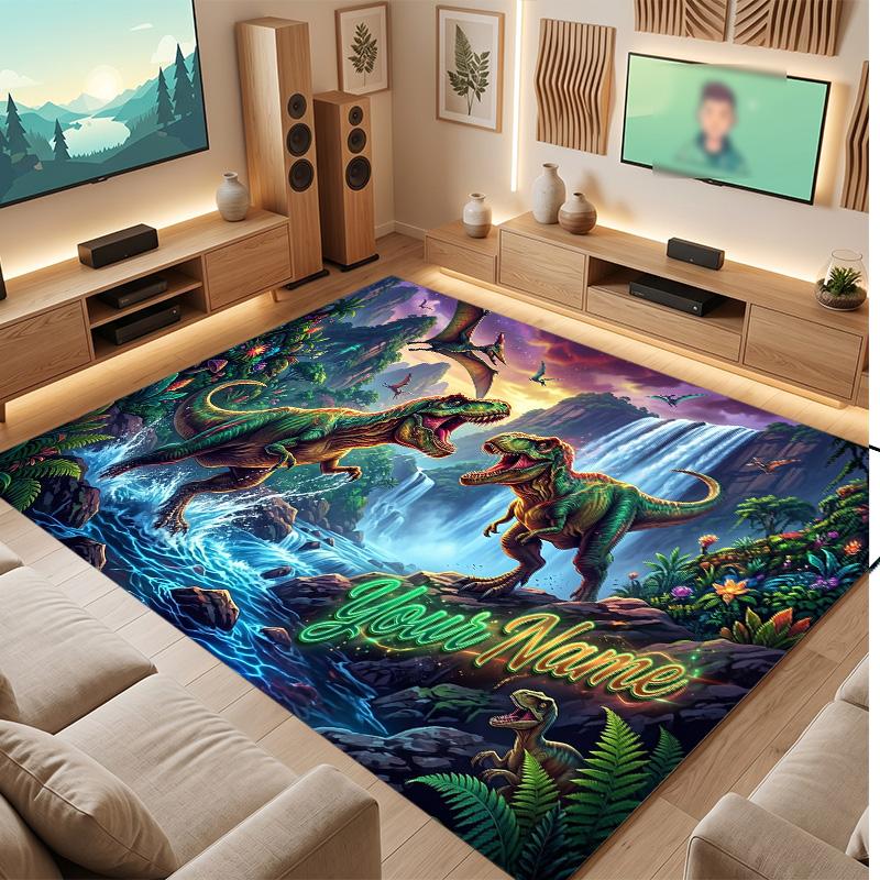 Dinosaur Theme Soft Crystal Velvet Rug Custom Name & Text Print Non Slip Floor Rug for Bedroom Living Room