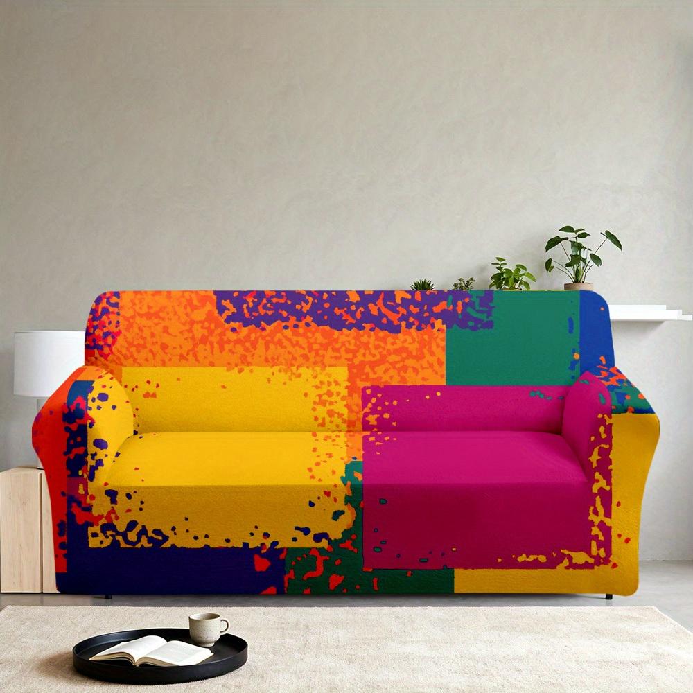 1pc Vibrant Abstract Color Block Graffiti Print Stretch Sofa Cover, Removable Washable Couch Slipcover