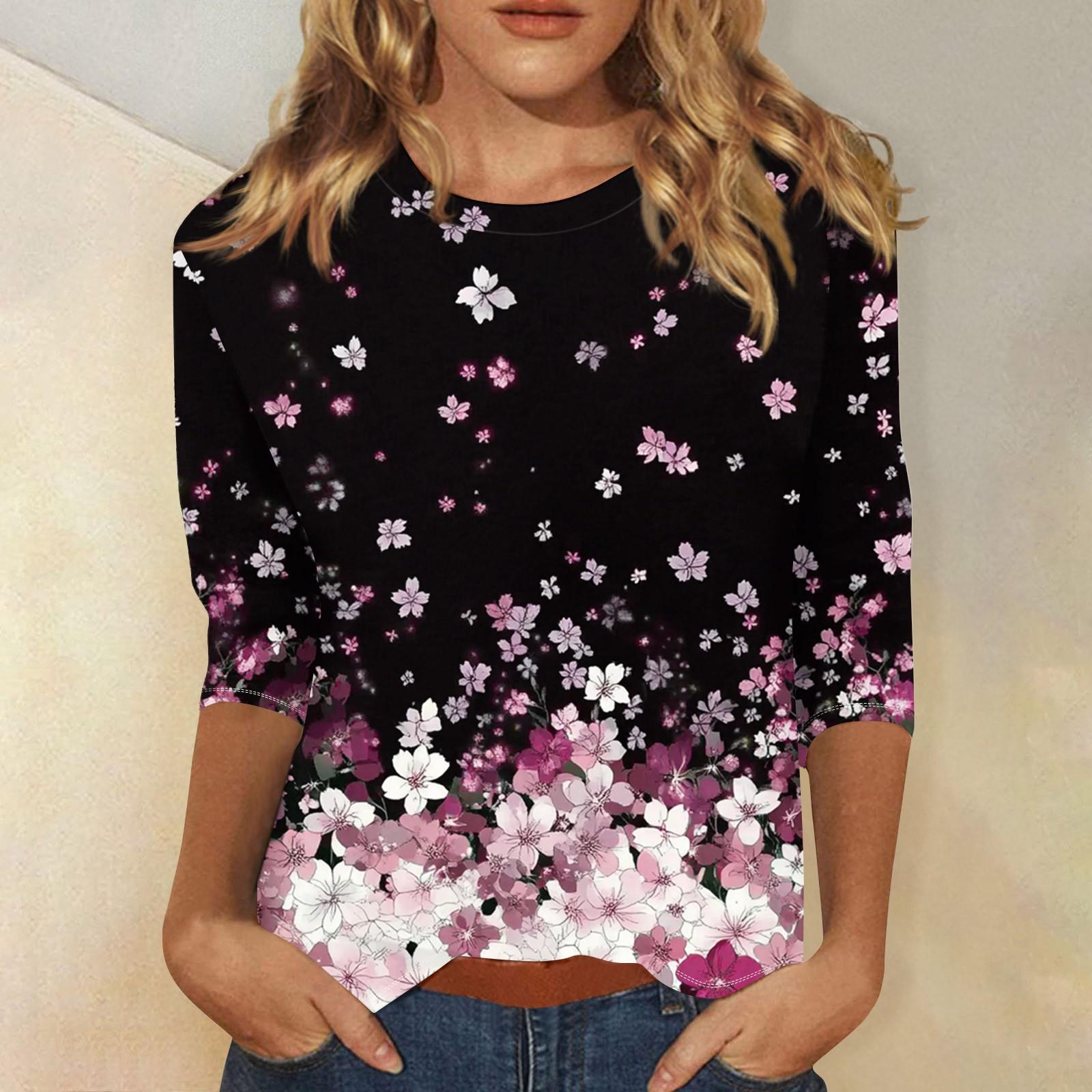 

Женская мода повседневная три четверти рукав винтажный цветочный принт круглый вырез топ S винный