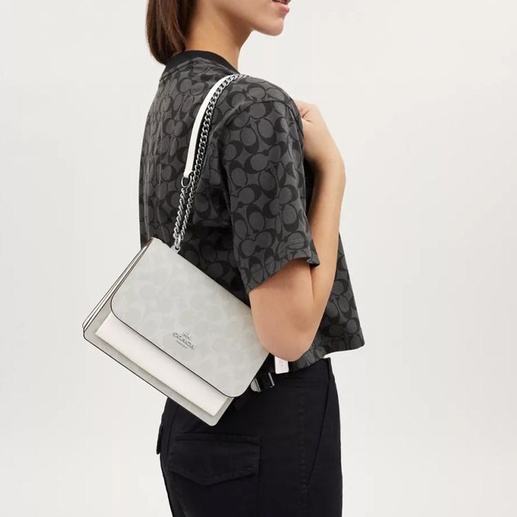 Coach Klare 21 Classic Monogram Flap Letter Logo Canvas And Leather Shoulder Crossbody Bag Small Women bags Glacier-White CP078-SVVS5